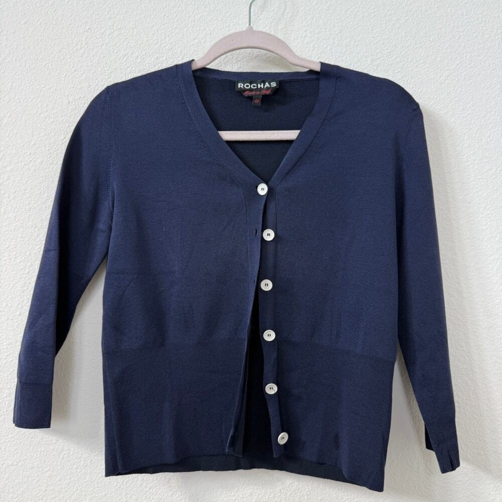 ROCHAS Silk Cotton Cardigan Sweater Navy Button Front Italy Size 42 Med Luxury‎